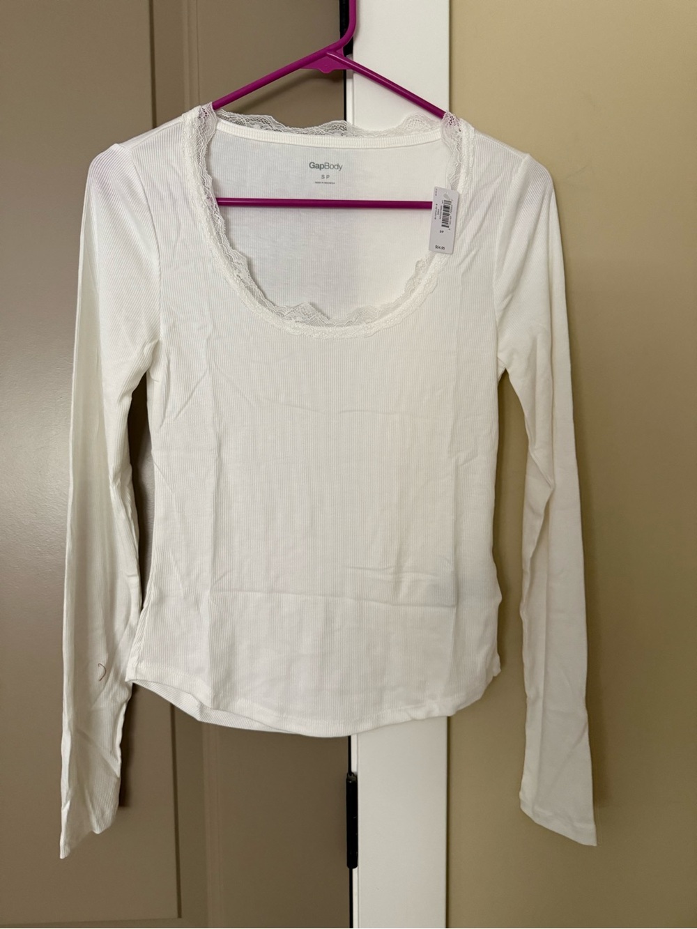 Women's White Lace-Trim Rib Long Sleeve Pajama top various sizes